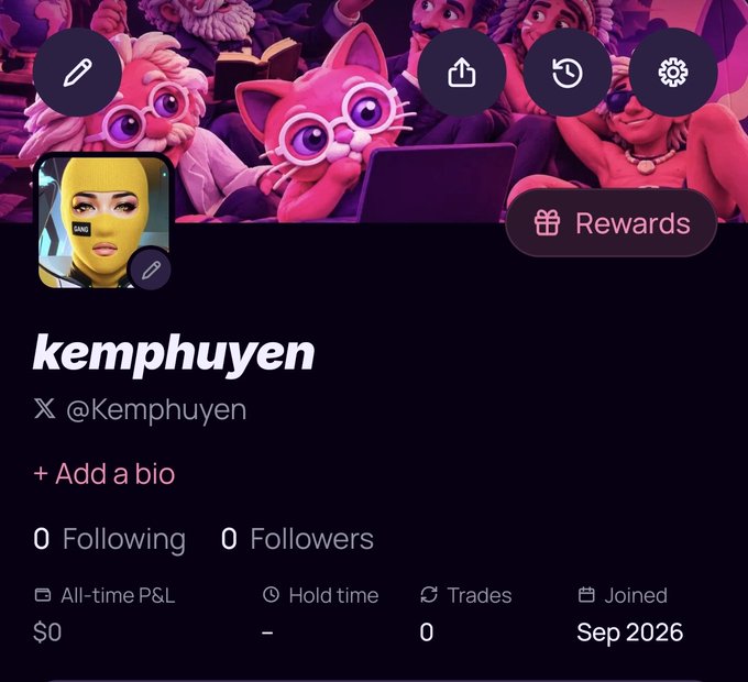 A screenshot of the Genius crypto social trading app shows a profile for “kemphuyen” (@Kemphuyen) with 0 followers, 0 following, $0 all-time P&L, 0 trades, and a September 2026 join date. The post promotes Genius for Android and iOS via tradegenius.com/ref/GFCQK2HARE as a BNB Chain social trading app competing with FOMO and Pump.fun.