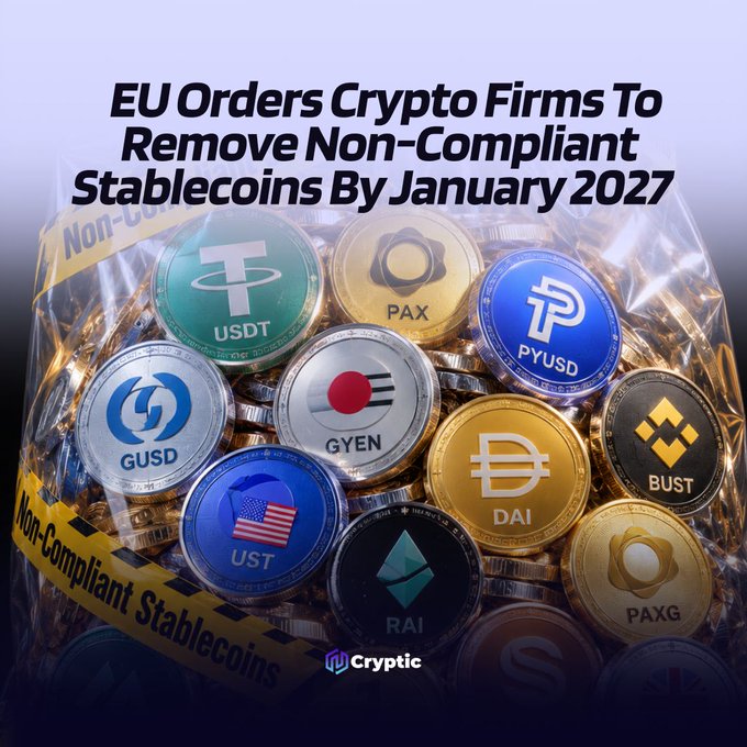 A pile of non-compliant stablecoins, including USDT, PAX, PYUSD, GUSD, GYEN, DAI, BUST, UST, RAI, and PAXG, sealed in plastic bags with yellow caution tape reading "Non-Compliant Stablecoins," illustrating the EU's January 2027 ESMA deadline requiring crypto firms to remove stablecoins that don't comply with MiCA regulations.