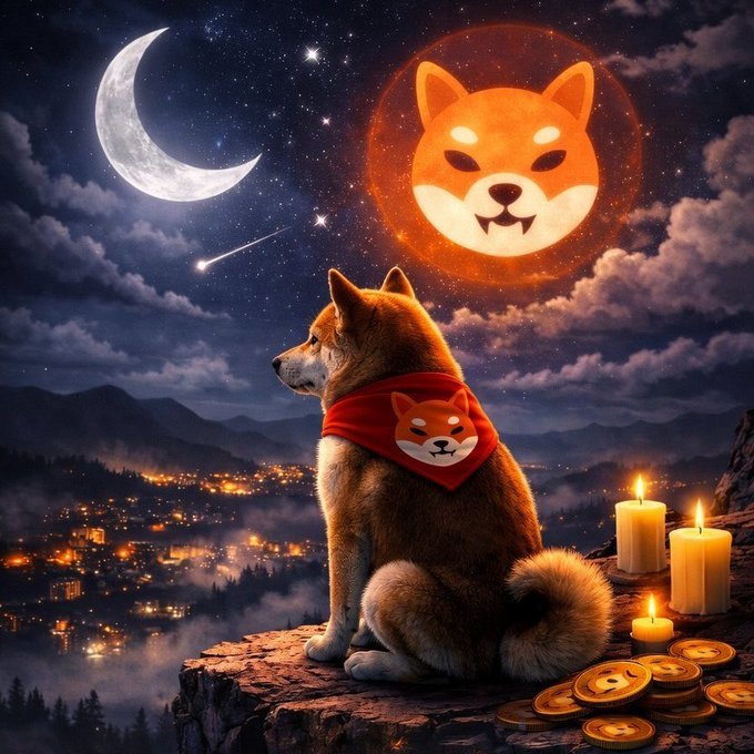 A Shiba Inu wearing a red $SHIB-themed bandana sits atop a cliff at night, gazing at a giant glowing Shiba Inu moon beside a crescent moon and a city below, with golden $SHIB coins and candles beside it—symbolizing the quiet, steadfast holders who remain loyal to Shiba Inu even while others sleep.