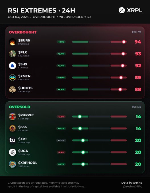 A financial dashboard titled 'RSI EXTREMES • 24H' dated Oct 04, 2026, showing overbought and oversold crypto assets with bar indicators and 24-hour price changes.