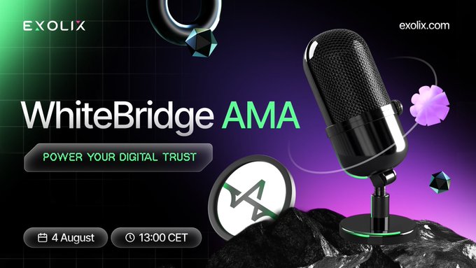 Promotional graphic for a WhiteBridge AMA hosted by Exolix, scheduled for August 4 at 13:00 CET, featuring a microphone alongside the WhiteBridge logo and the tagline "Power Your Digital Trust."