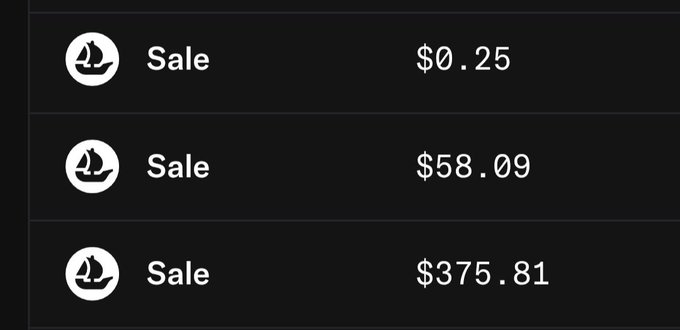 A dark-themed interface displaying three Steem (Steemit) sale transactions for $0.25, $58.09, and $375.81.