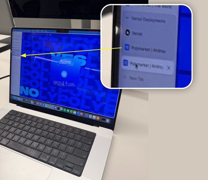 The image shows a laptop screen with a blue background, displaying a message about Polymarket Airdrops. The text on the screen includes the words "POLY rumors are getting louder", "@POLY token", "Airdrop hints", and "@POLY token". There is also an image of a laptop keyboard in the foreground.