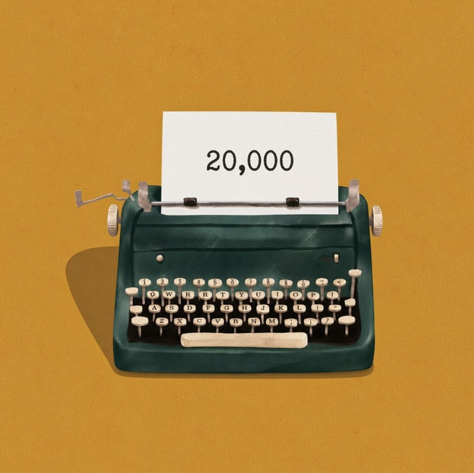 A vintage dark green typewriter against a solid mustard yellow background, displaying a white paper with the number "20,000" typed on it.