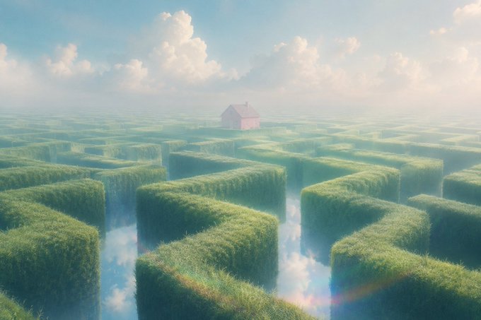 A surreal digital artwork showing a vast green grass maze with water-filled pathways, a small pink house in the distance, and a cloudy blue sky.