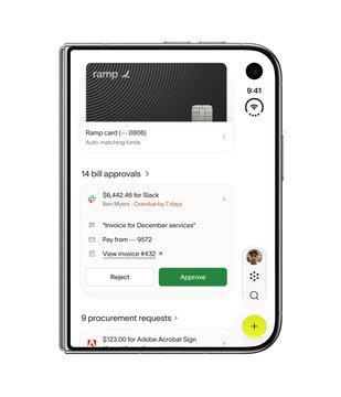 A smartphone displaying the Ramp app interface showing a Ramp card balance, 14 bill approvals including a $6,442.46 Slack invoice, and procurement requests.