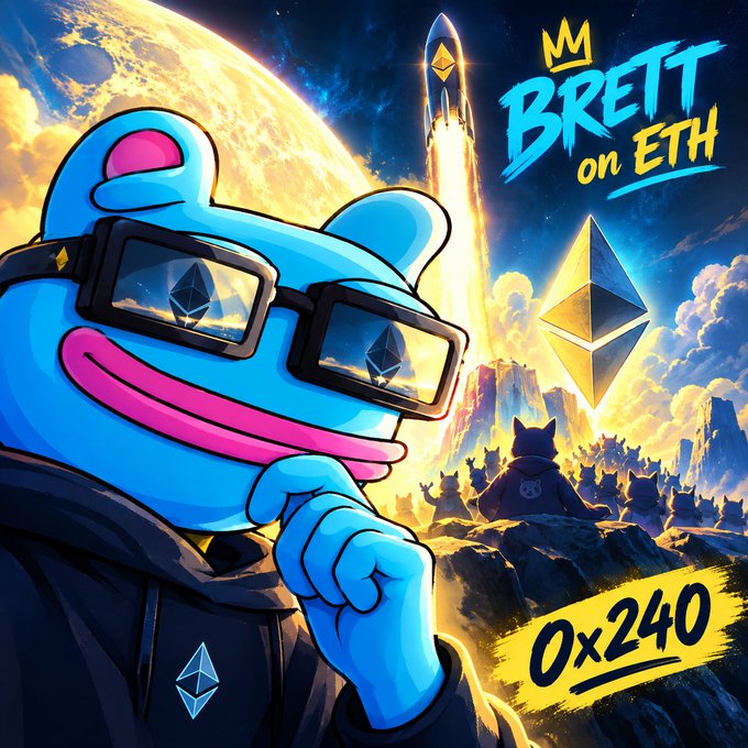 A vibrant cartoon-style illustration featuring a blue frog character with sunglasses reflecting an Ethereum logo, a launching rocket, and text reading "BRETT on ETH" and "0x240".