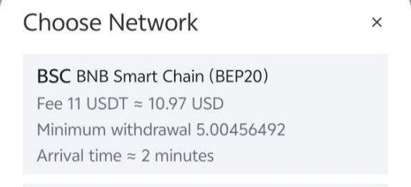 A 'Choose Network' dialog box displaying BNB Smart Chain (BEP20) options, including a fee of 11 USDT (≈10.97 USD), a minimum withdrawal of 5.00456492, and an arrival time of approximately 2 minutes.