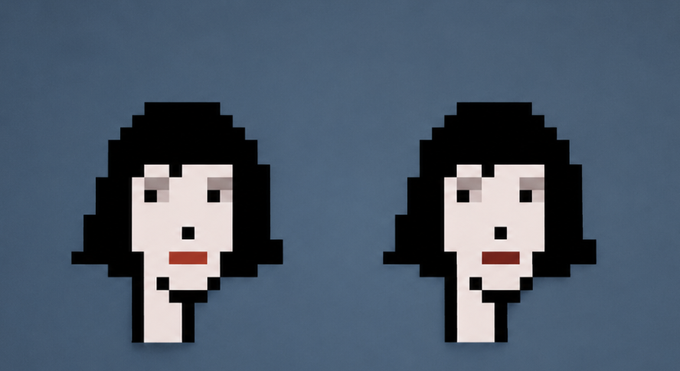 Two nearly identical pixelated CryptoPunk portraits with dark hair, pale skin, and small mouth details are displayed side by side against a blue background, illustrating the rare phenomenon of a "matching pair" where two distinct Punks share an almost identical visual identity by chance.
