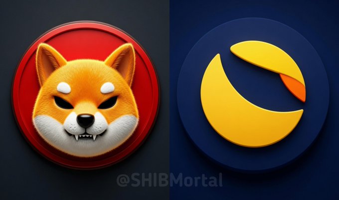 Cryptocurrency logos displayed side by side, featuring a 3D rendered Shiba Inu dog face in a red circle on the left and a yellow crescent/pac-man style symbol in a dark blue circle on the right, watermarked with '@SHIBMortal'.