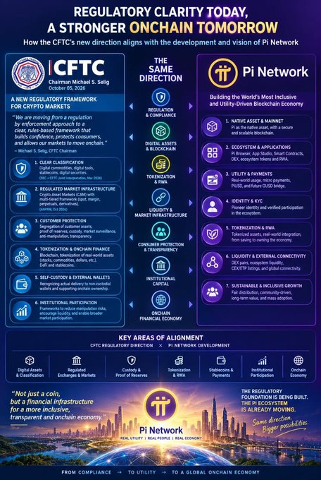 An infographic titled "REGULATORY CLARITY TODAY, A STRONGER ONCHAIN TOMORROW" by CFTC Chairman Michael S. Selig, comparing the CFTC's new regulatory framework with Pi Network's ecosystem development, highlighting shared goals in regulation, digital assets, tokenization, and institutional participation. The accompanying post celebrates how the CFTC's clearer crypto classification reduces market confusion and benefits the broader crypto industry, including Pi Network.