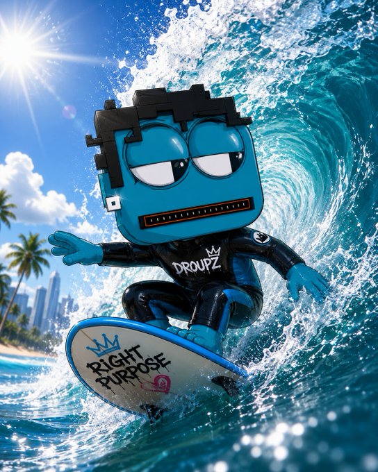 Cartoon-style 3D render of a blue robot character wearing a wetsuit with "DROPUZ" text, surfing a wave on a board labeled "RIGHT PURPOSE".