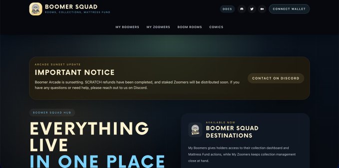 The image shows the Boomer Squad NFT website with a prominent "Important Notice" about the "Arcade Sunset Update," announcing that Boomer Arcade is sunsetting, SCRATCH refunds have been completed, and staked Zoomers will be distributed soon, along with a "Connect Wallet" option in the header. This visually supports the post's claim about the project being a multi-faceted ecosystem that extended beyond just PFPs, featuring related platforms like Boomer Arcade and Zoomers, which is why the sunset of one component requires distribution of staked items to holders.