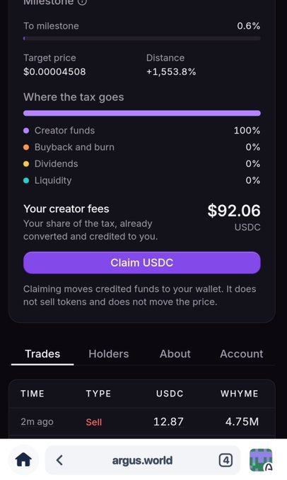 A screenshot of the argus.world website showing token milestone progress at 0.6%, creator fees of $92.06 USDC, and a recent sell trade of 12.87 USDC.