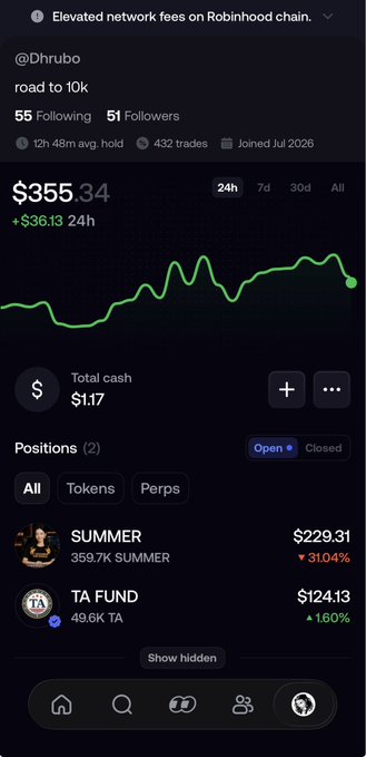A Robinhood portfolio screenshot for user @Dhrubo showing a total value of $355.34 (up $36.13 in 24h) with two open positions: SUMMER ($229.31, down 31.04%) and TA FUND/TA ($124.13, up 1.60%), illustrating the "stable" day with minor gains referenced in Episode 8 of the trading journey.