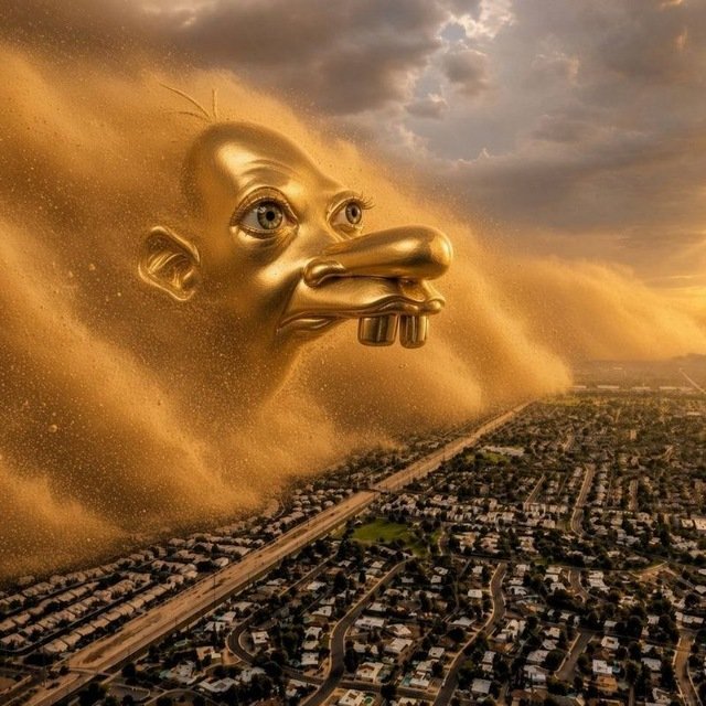 A surreal golden sandstorm shaped like Homer Simpson's head sweeps over a suburban neighborhood at sunset, towering above the houses below.