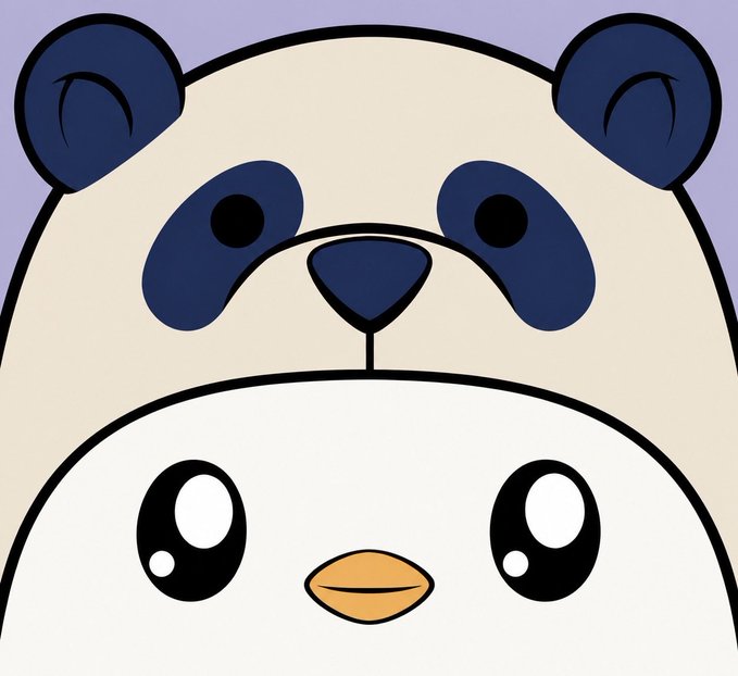 A cartoon illustration showing a panda's face stacked on top of a small white bird's head against a light purple background.