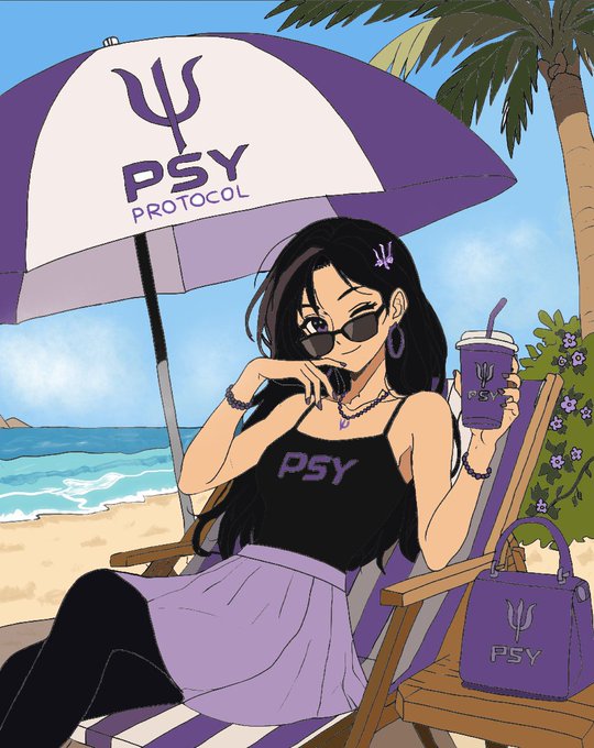 An anime-style illustration features a dark-haired woman in a black 'PSY' tank top and sunglasses lounging on a beach chair under a 'Ψ PSY PROTOCOL' umbrella, holding a branded cup.