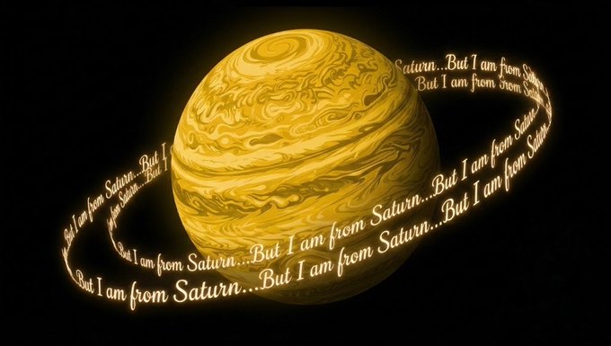 A golden, marbled planet resembling Saturn with its rings, surrounded by the repeated text 'But I am from Saturn...' floating in space.
