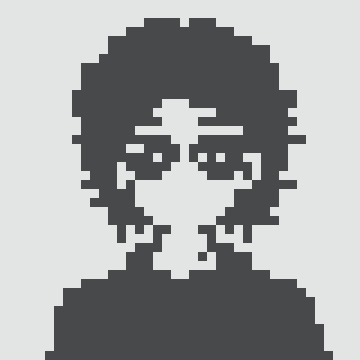 A minimalist pixel-art silhouette portrait of a person with glasses rendered in dark gray blocks on a white background.