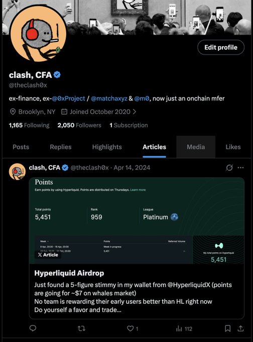 A Twitter/X profile of 'clash, CFA' (@theclash0x) showing their Articles tab with a post about receiving a '5-figure stimmy' from a Hyperliquid airdrop, noting 5,451 Platinum league points.