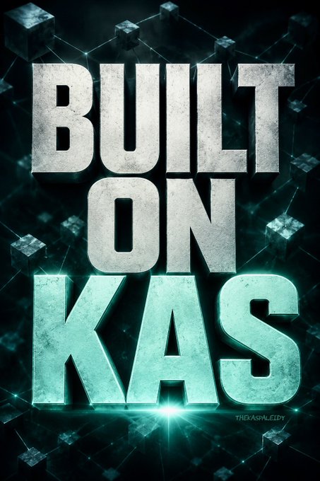 The image features bold, metallic text reading "BUILT ON KAS" set against a dark background with a network of glowing teal blockchain cubes, visually reinforcing the post's message about Toccata's BlockDAG programmability unlocking a foundation for builders on Kaspa ($KAS) to create without compromise. The "thxKASMAGLORY" watermark is also visible in the bottom right corner.