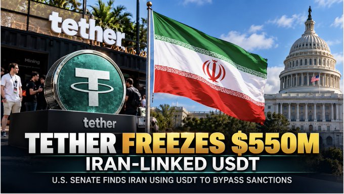 A news graphic features a large Tether (USDT) coin, the Iranian flag, and the U.S. Capitol building, with the headline 'TETHER FREEZES $550M IRAN-LINKED USDT' and subtitle 'U.S. SENATE FINDS IRAN USING USDT TO BYPASS SANCTIONS'.