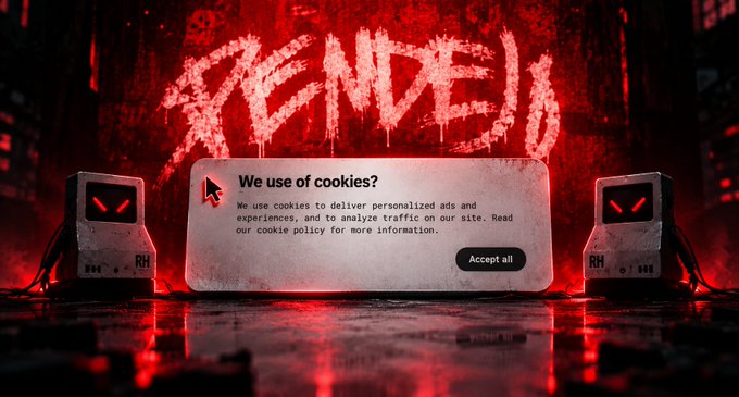 A dark themed cookie consent banner with a red background featuring 'RENDER' graffiti, asking 'We use of cookies?' with an 'Accept all' button.
