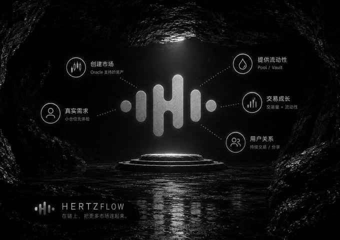 The image showcases HertzFlow's ecosystem diagram displayed on a stage within a dark cavern, featuring a central "H" logo surrounded by five key components: creating markets (Oracle-supported assets), providing liquidity (Pool/Vault), trading growth (volume × activity), user relationships (sustained traffic/sharing), and real demand (small white-noise experience), with the tagline "HERTZFLOW: On chain, connect more markets together."

This visual reinforces the accompanying post's emphasis on HertzFlow's value proposition beyond leveraged trading—highlighting the Oracle-supported asset creation and interconnected market infrastructure that drives the platform's broader vision.