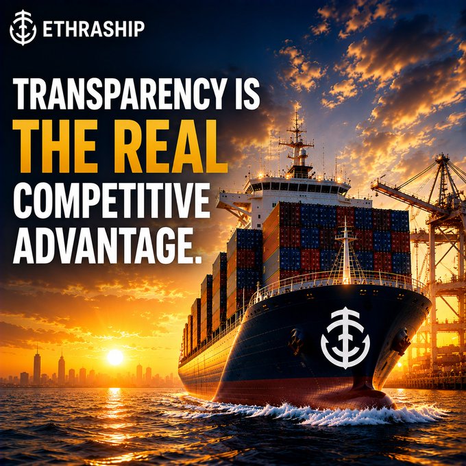 An ETHRASHIP promotional graphic with the text 'TRANSPARENCY IS THE REAL COMPETITIVE ADVANTAGE' over an image of a container ship at sunset.