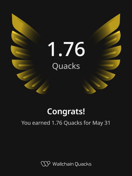 The image features a poster with an illustration of a bird's wing, which has gold and black colors. The text on the poster congratulates the user for earning 1.76 Quacks. The poster also mentions that the user has earned 1.76 Quacks in one day, possibly as part of a leaderboard or rewards system.