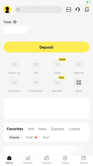 The image shows a screenshot of the WEEX trading app with the "Deposit" button highlighted in yellow, along with navigation tabs like Home, Markets, Futures, Trade, and Assets, plus menu options including Power-up, P2P, TradFi, Referral, Auto Earn, Promotions, Earn WXT, and More. It relates to the user's complaint by suggesting their funds may be inaccessible through the deposit feature, potentially indicating an app malfunction or loading issue preventing proper access to trading functions.