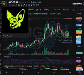 A TradingView-style candlestick chart for the HOODRAT token shows its price ranging between roughly $11.60M and $19.40M highs with an 8% gain, alongside a neon green cat skull logo and bullish technical signals from the RSI (60.49) and MACD (454.59K, -151.52K). The chart visually supports the post's warning by displaying the token's extreme valuation and recent volatility, underscoring concerns about its 35% bundling and lack of available analytical tools.