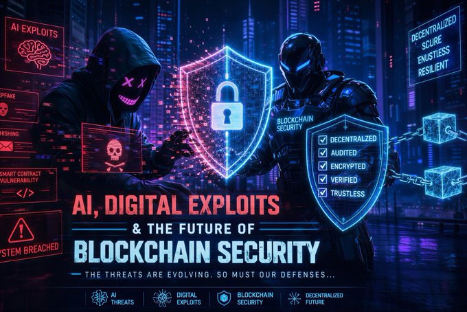 The image is a promotional graphic titled "AI, Digital Exploits & The Future of Blockchain Security," featuring a hooded hacker and an armored figure flanking a glowing shield, with text highlighting threats like "AI EXPLOITS," "BLOCKCHAIN SECURITY," and properties such as "DECENTRALIZED," "AUDITED," "ENCRYPTED," and "TRUSTLESS." The caption "The threats are evolving. So must our defenses..." reinforces the article's theme of how bridges remain vulnerable to exploits in the blockchain ecosystem, relevant to the $LUNC and Cosmos communities.