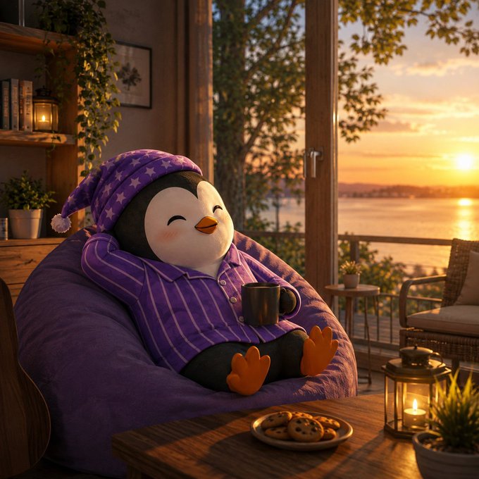 A plush penguin wearing a purple star-patterned nightcap and striped pajamas relaxes on a purple beanbag, holding a mug while enjoying a sunset over water visible through large windows; cookies and a candle lantern sit on the nearby wooden table.