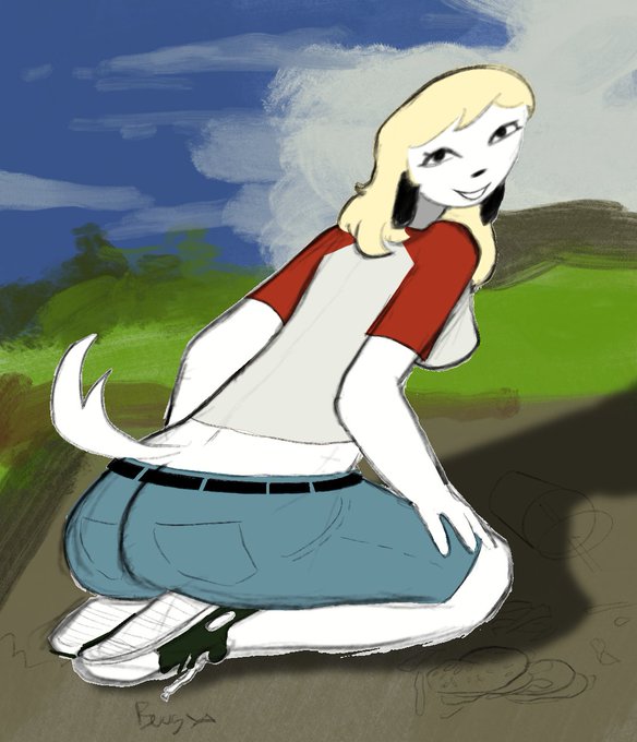 A digital painting of a blonde anthropomorphic character with animal ears and a white tail, wearing a white and red baseball shirt and blue jeans, crouching in a grassy outdoor setting.