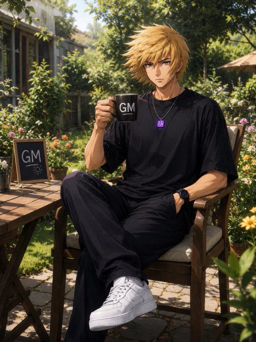 An anime-style illustration of a blonde young man in black clothing sitting in a garden, holding a black mug labeled 'GM' with a small 'GM' sign on the table beside him.