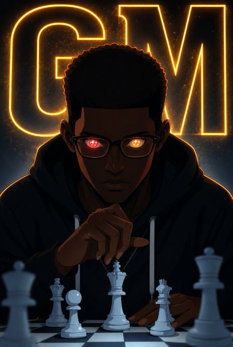 A digital artwork showing a young man with glowing red and orange eyes wearing a dark hoodie, intensely focused on a chess game with pieces arranged in front of him, while the letters 'GM' glow in orange neon behind him.