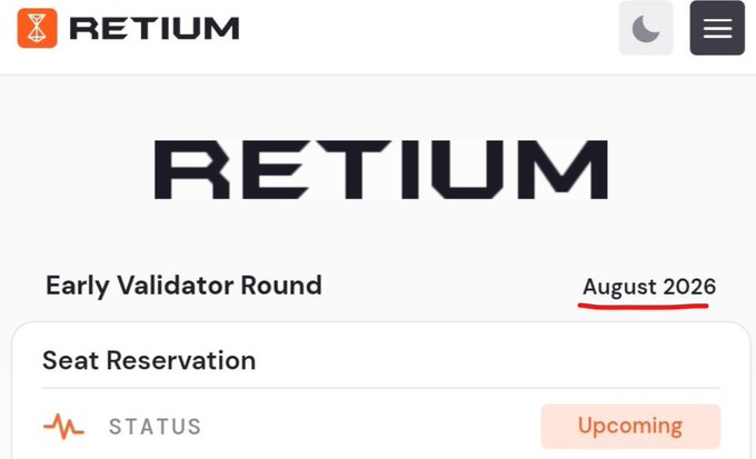 The image shows the Retium blockchain website displaying the "Early Validator Round" dated August 2026 with the "Seat Reservation" status marked as "Upcoming," highlighting a pending airdrop event tied to RetiumChain ($RTM). The page serves as a promotional snapshot for the $RTM airdrop, encouraging users to join the Cadet role on Discord for a chance at free tokens.