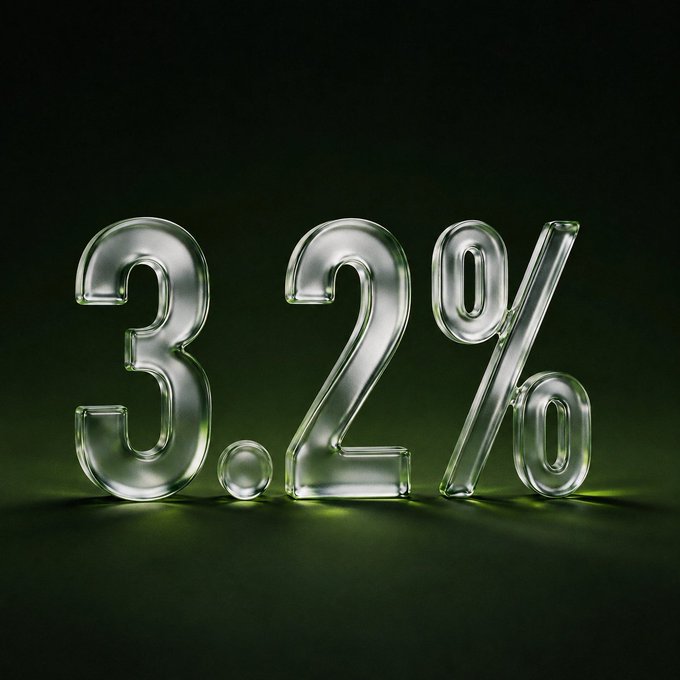 A clear glass "3.2%" sign sits against a dark background, visually representing the burn milestone referenced in the post about 3.2% of the $VAULT supply being destroyed.