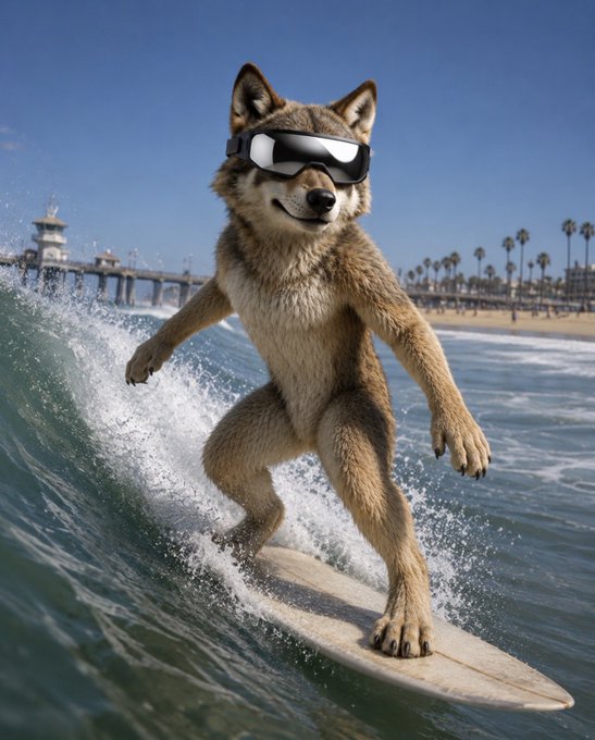 A photorealistic image of a coyote or wolf wearing reflective sunglasses, standing upright and surfing on a surfboard on an ocean wave, with a pier and palm trees in the background.