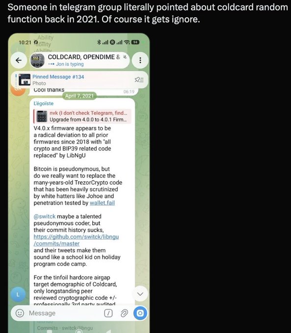 A Telegram screenshot from April 7, 2021 in the "COLDCARD, OPENDIME & S" group shows user "nvk" pointing out that "V4.0.x firmware appears to be a radical deviation to all prior firmwares since 2018" with old TrezoCrypto code replaced by LibNbGU, questioning Coldcard's cryptographic foundations. The image supports the post's suggestion that crypto security concerns about Coldcard were flagged years in advance, making any subsequent actions or hype around the product superfluous.