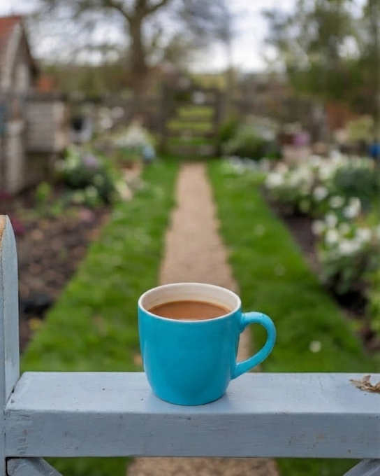 A turquoise mug filled with coffee sits on a weathered blue wooden railing, overlooking a serene garden path lined with blooming white flowers. The peaceful morning scene captures the essence of "small moves every day"—a quiet moment of growth and reflection before the day's journey begins down the garden's inviting path.