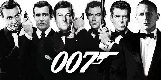 A black-and-white promotional image showing six actors who have played James Bond, including Sean Connery and Daniel Craig, lined up alongside the iconic '007' logo.