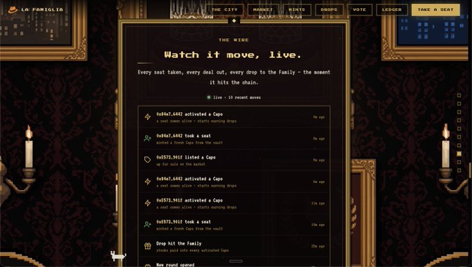 A website interface for 'LA FAMIGLIA' displays a page titled 'THE FIRE - Watch it move, live' with a list of live activity logs such as '0x9a67..6862 activated a Cape' and '0x4a7..4a0 took a seat'.