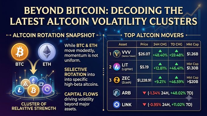 An infographic titled "BEYOND BITCOIN: DECODING THE LATEST ALTCOIN VOLATILITY CLUSTERS" showing altcoin rotation snapshot and top altcoin movers including VVV ($26.07), LIT ($5.19), ZEC ($1,228.91), ARB, and LINK.