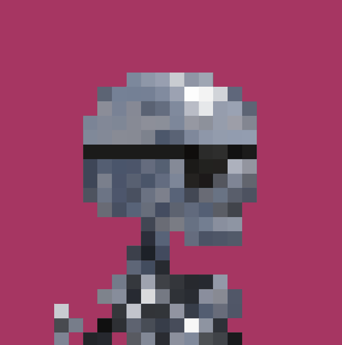 A pixel art illustration of the character Sans from the video game Undertale, depicted from the chest up against a magenta background.