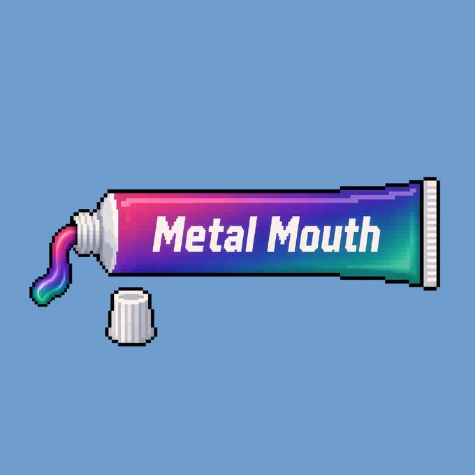 A pixel-art style image of a metallic, iridescent toothpaste tube with the text 'Metal Mouth' written on its side, shown against a solid blue background with its cap removed.