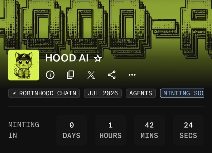 The image shows a countdown timer for the HOOD AI token minting on Robinhood Chain, displaying "Minting in 0 days, 1 hour, 42 mins, 24 secs," which relates to the post announcing the upcoming mint and encouraging others to participate.