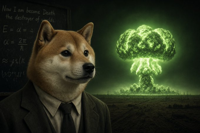 A Shiba Inu dog in a suit stands before a chalkboard displaying the quote "Now I am become Death, the destroyer of worlds," alongside a glowing green nuclear mushroom cloud—imagery referencing Oppenheimer and the "Doge of Destruction" meme tied to $DOGE.